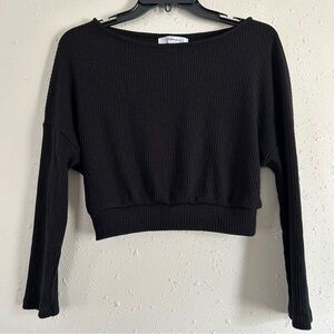 Revamped Black Long Sleeve Ribbed Crop Top Comfy Casual Spring Medium